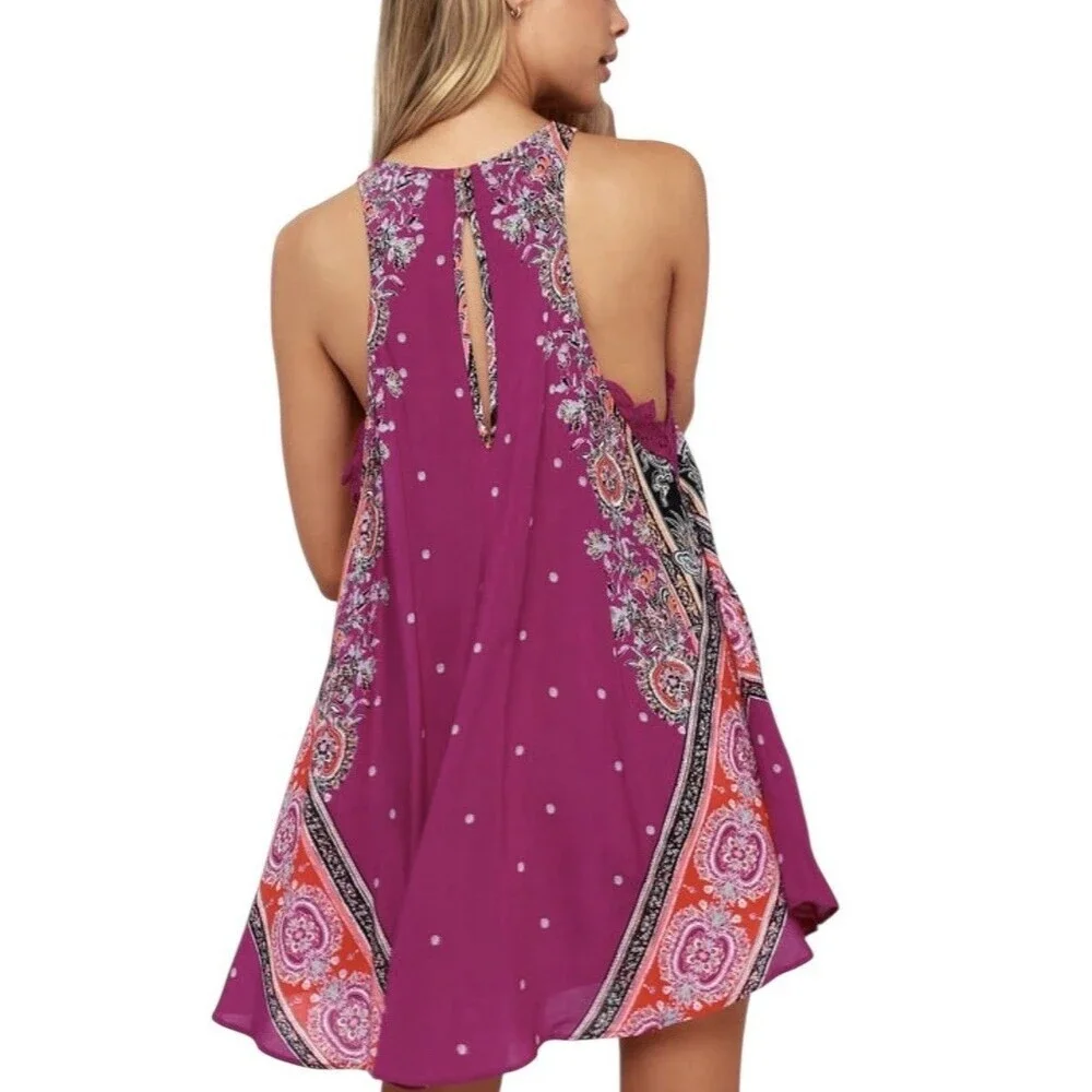 NWT Free People‎ Darjeeling Printed Slip Dress Size XS Magenta Boho Festival